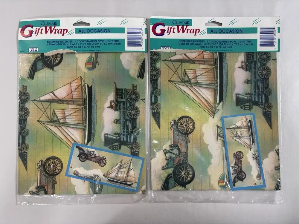 Vtg 90s Cleo Gift Wrap Lot of 2 Sealed Packages Trains Ships Planes Cars Travel